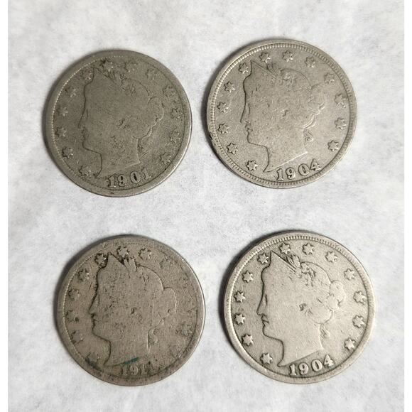 United States Liberty Head V Five Cent Coin Lot Of 4 1901, 1904 X 2, 1911 - Picture 1 of 7